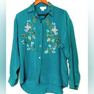 VTG Privata 100% silk emborderd women's size 8 teal